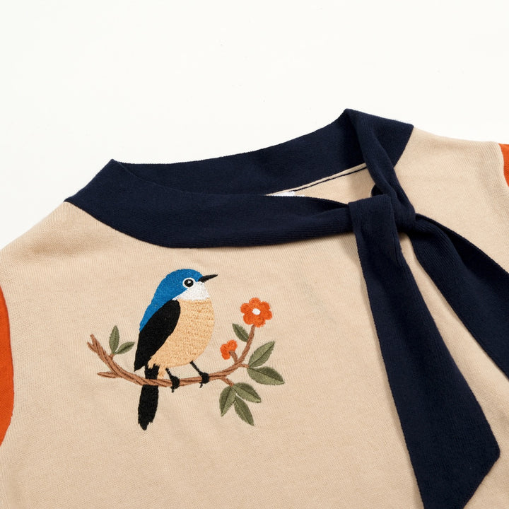 Women's Apricot Vintage Bird Embroidery Polo Knit T-shirt