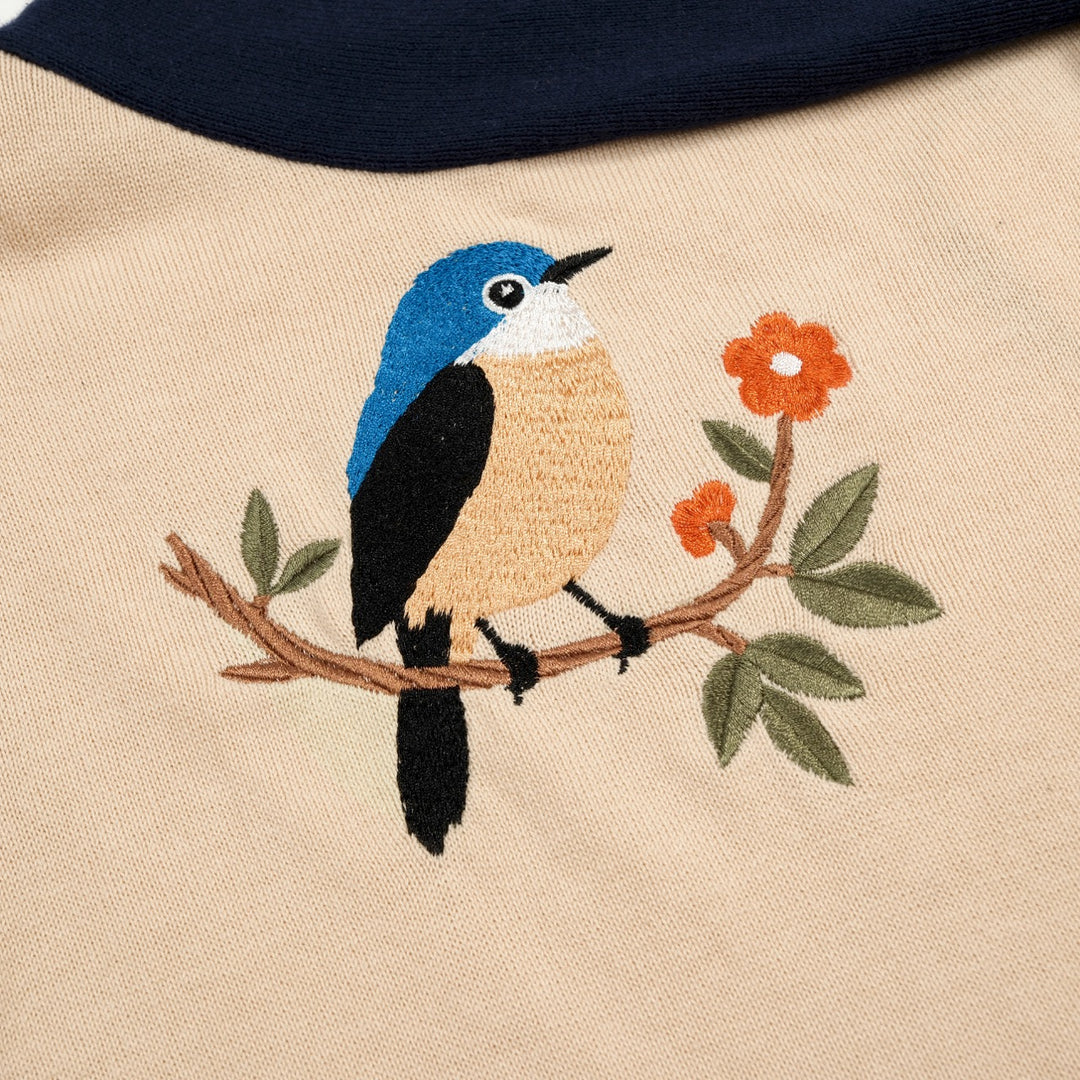 Women's Apricot Vintage Bird Embroidery Polo Knit T-shirt