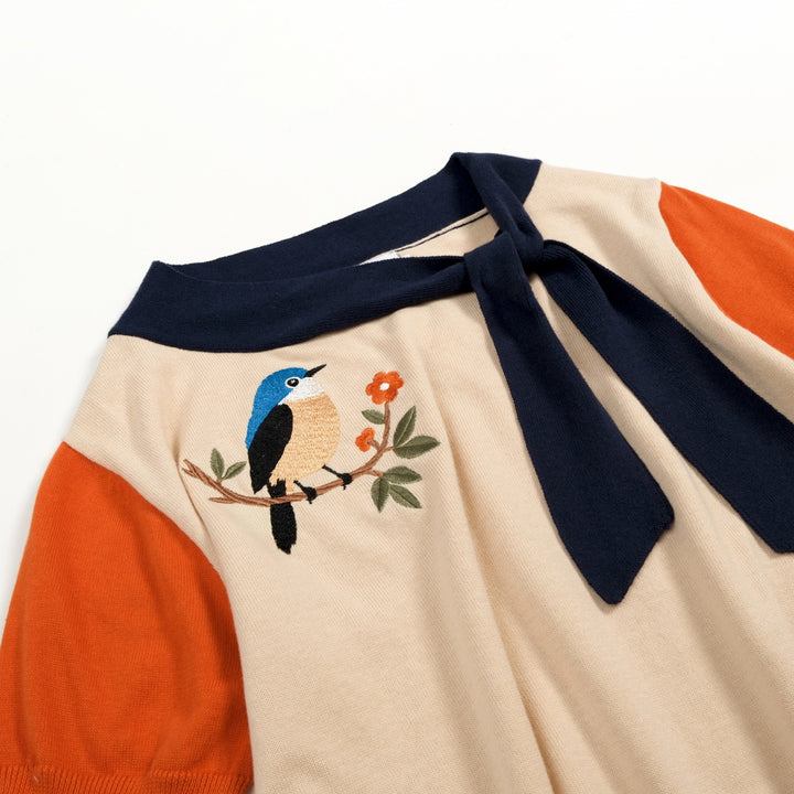 Women's Apricot Vintage Bird Embroidery Polo Knit T-shirt