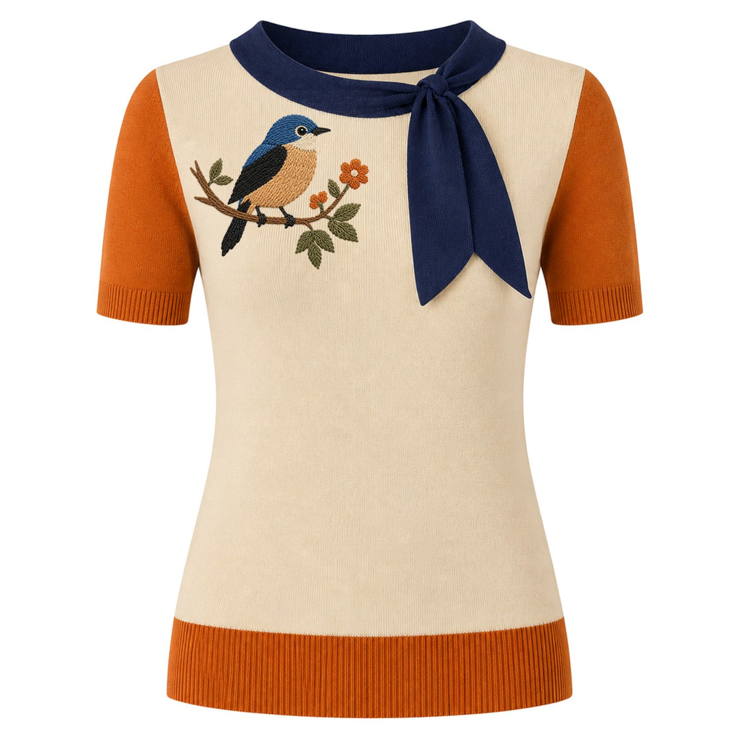 T-shirt Femme Noir En Maille Jacquard Bird Art