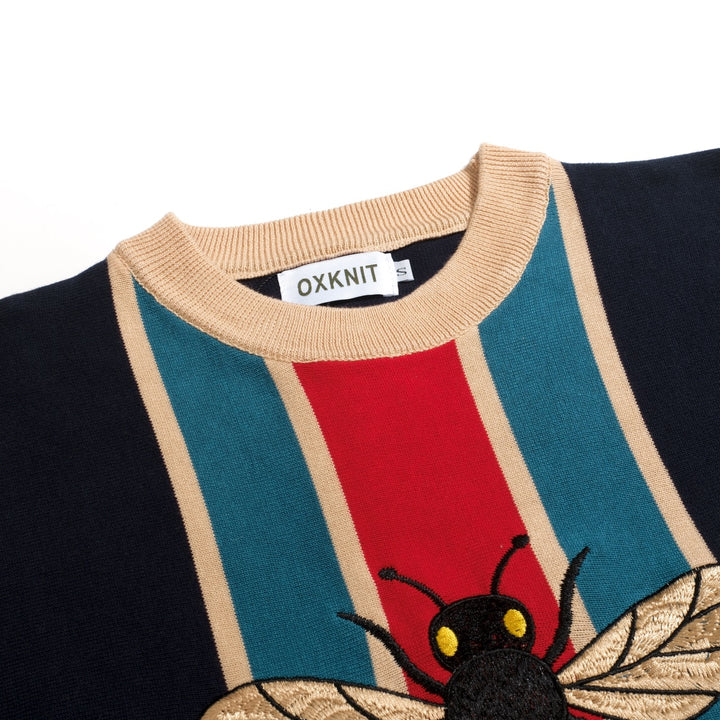 Men's Dark Blue Vintage Insect Embroidery Polo Knit Shirt