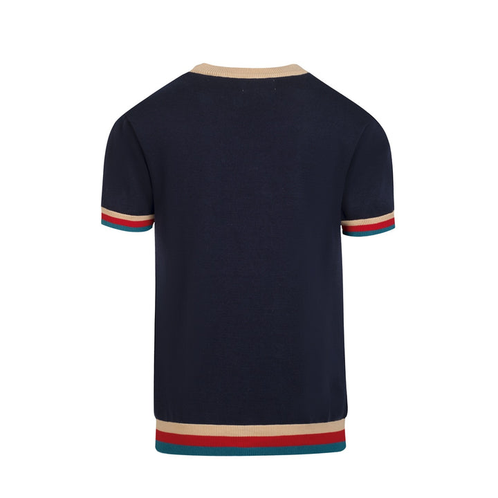 Men's Dark Blue Vintage Insect Embroidery Polo Knit Shirt