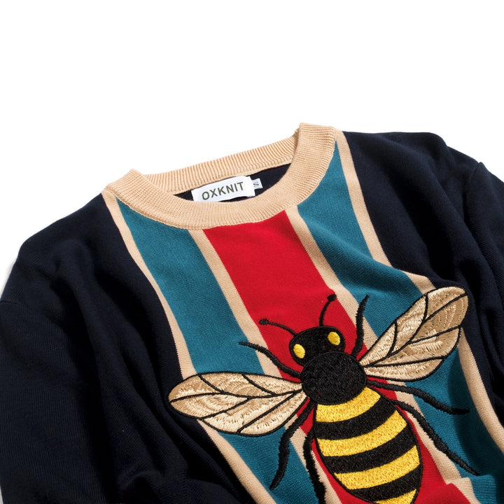Men's Dark Blue Vintage Insect Embroidery Polo Knit Shirt