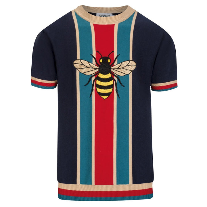 Men's Dark Blue Vintage Insect Embroidery Polo Knit Shirt