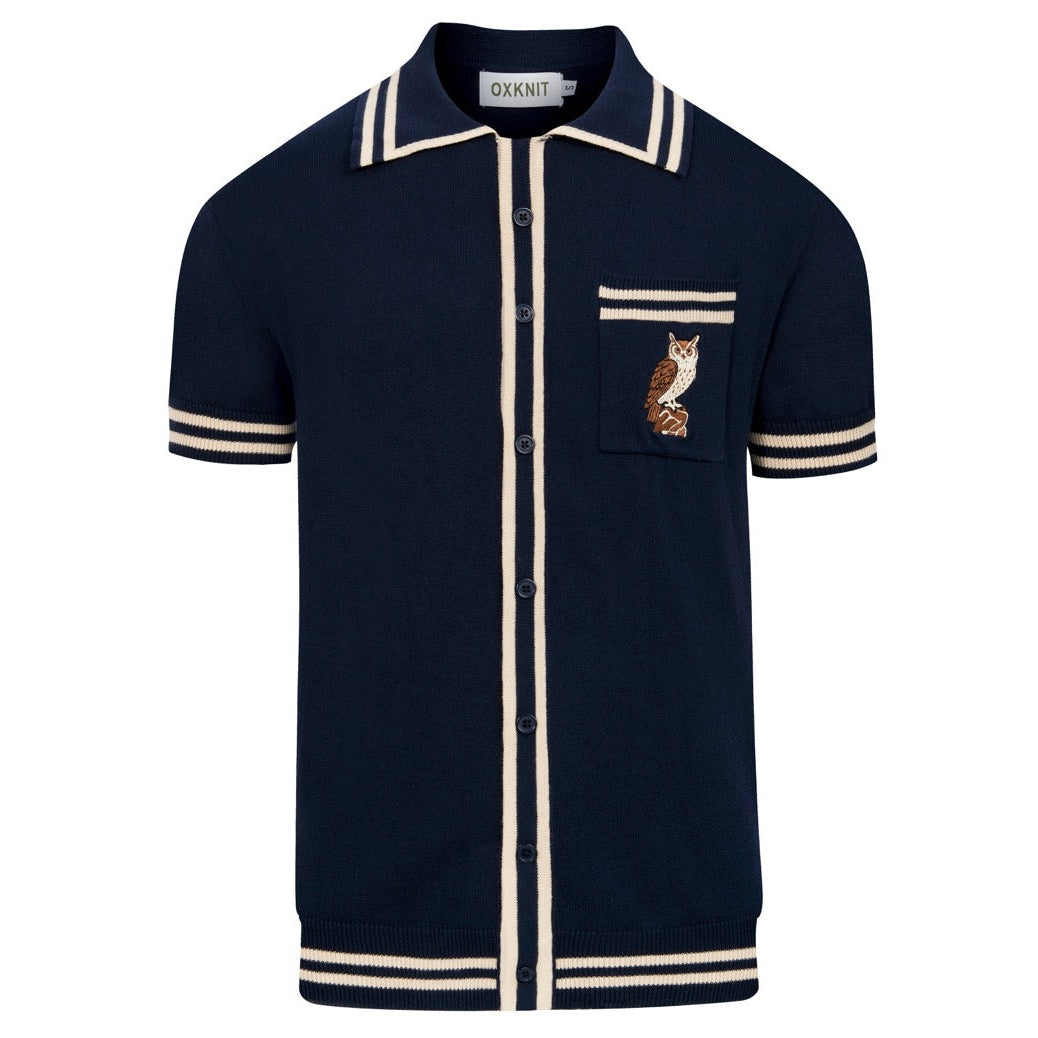 Cardigan tricoté vintage bleu foncé pour homme avec broderie hibou