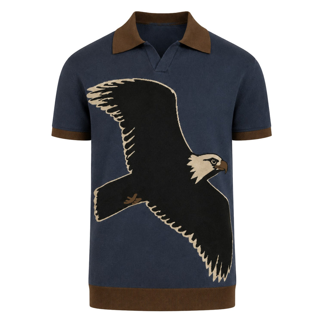 Men's Dark Blue Vintage Bird Jacquard Polo Knit Shirt