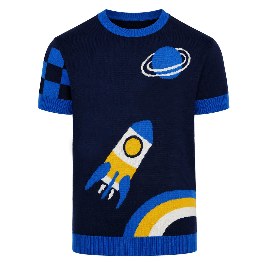 Blaues minimalistisches Retro-Jacquard-Strick-T-Shirt für Herren