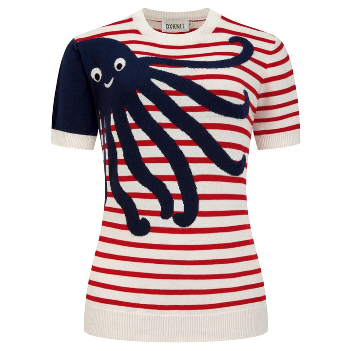 Women's Apricot Vintage Octopus Jacquard Knit T-Shirt
