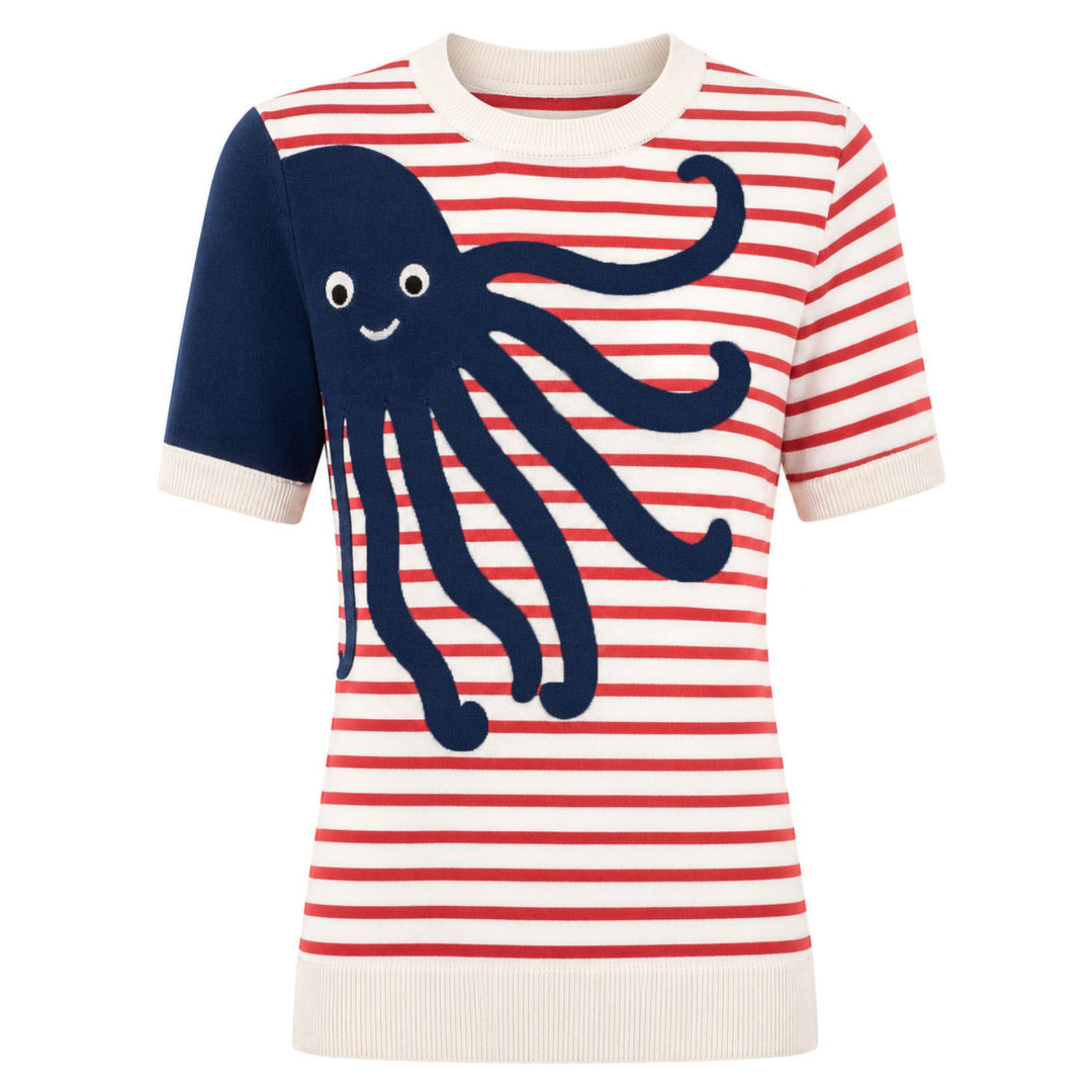 Brunrandig Jacquardstickad T-shirt för kvinnor