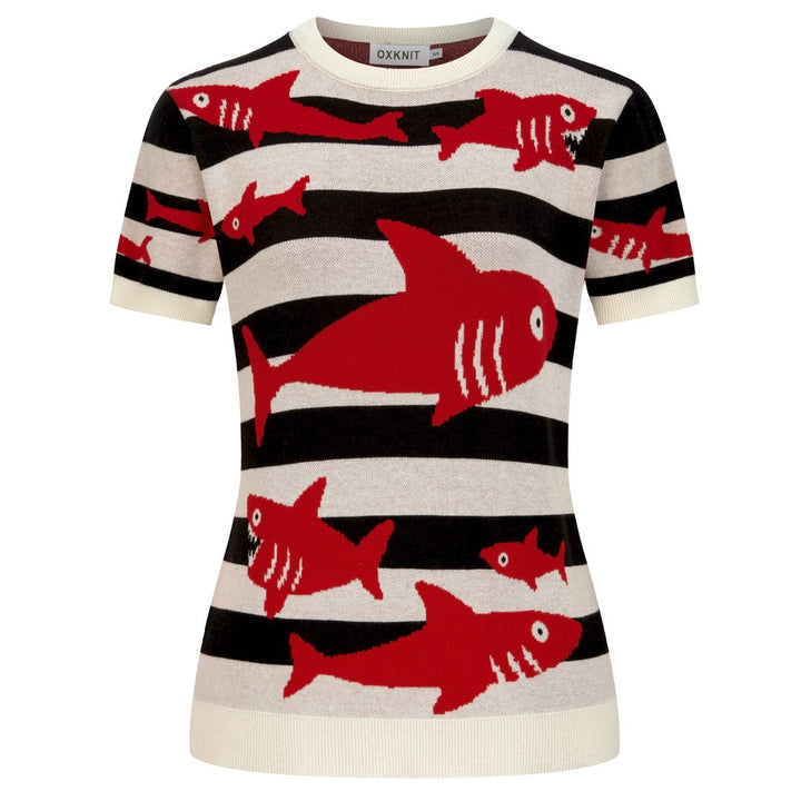 Women's Classic Striped Vintage Fish Jacquard Knit T-Shirt