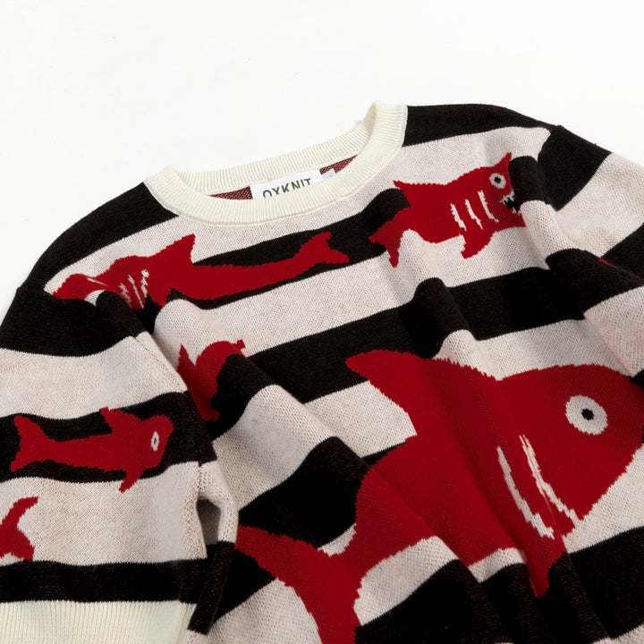 Women's Classic Striped Vintage Fish Jacquard Knit T-Shirt