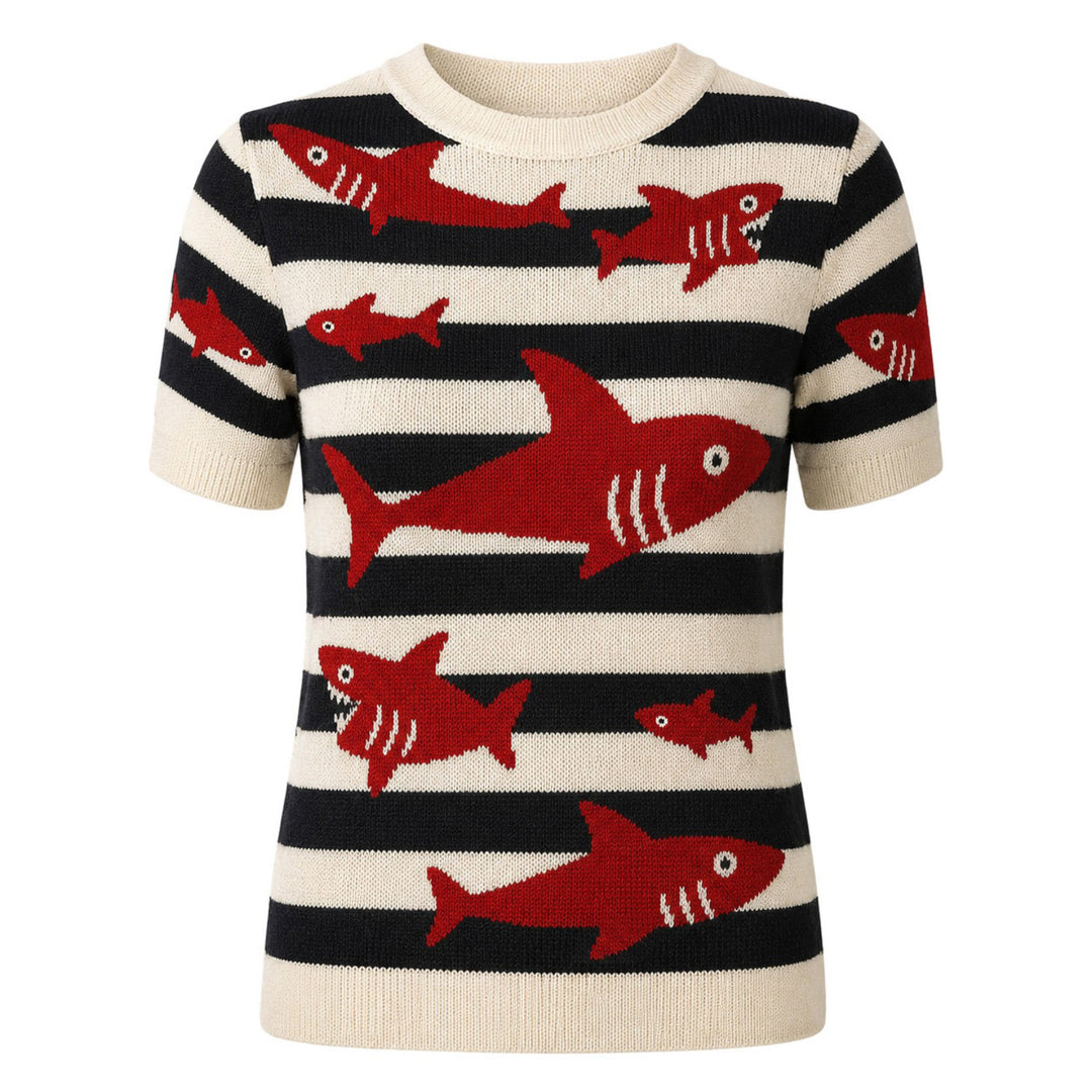 Camiseta de punto jacquard a rayas de mujer de color marrón