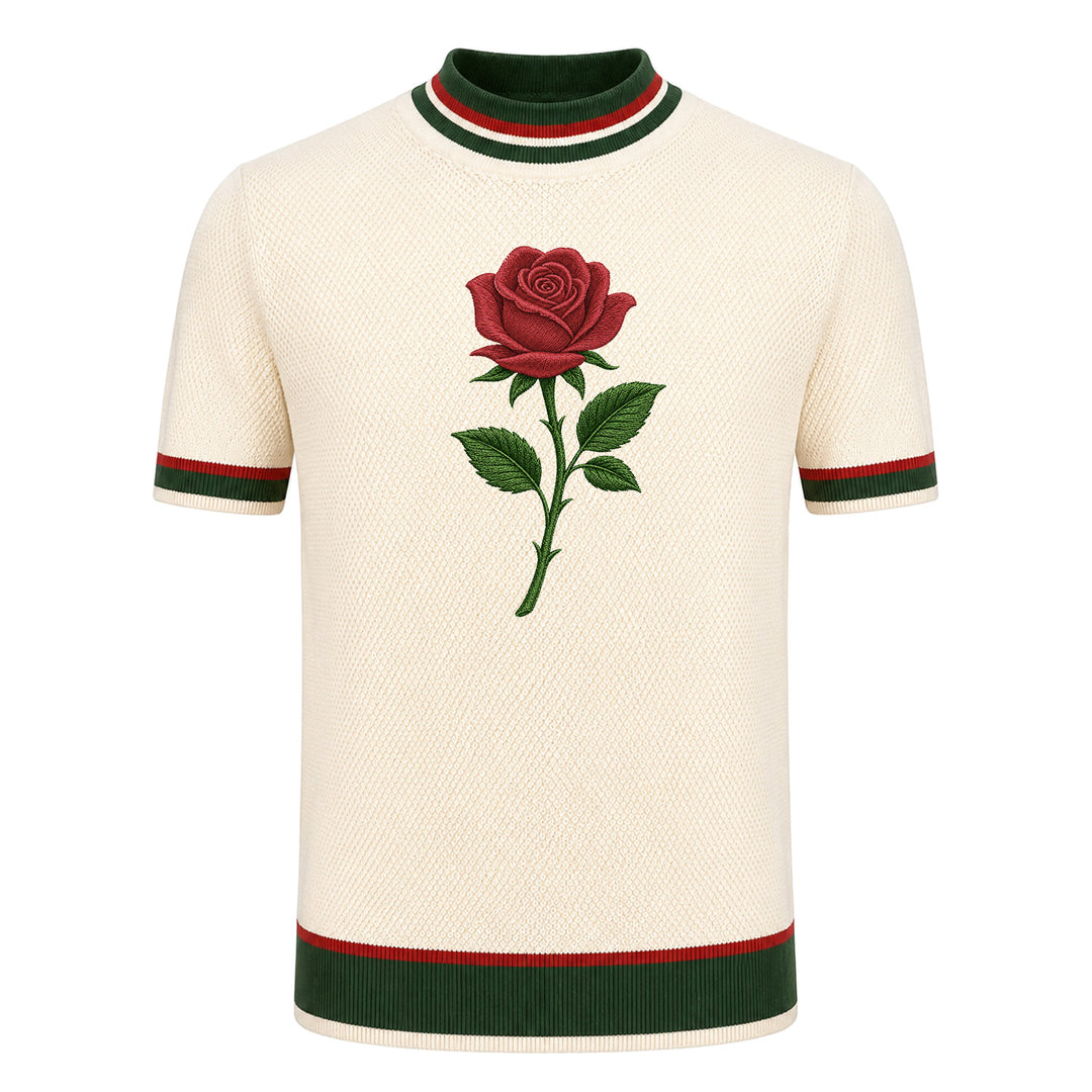 Men's Apricot Vintage Art Rose Embroidered Knit T-Shirt