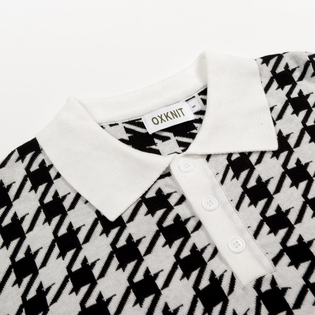 Men's Black Houndstooth Classic Jacquard Polo Knit Shirt