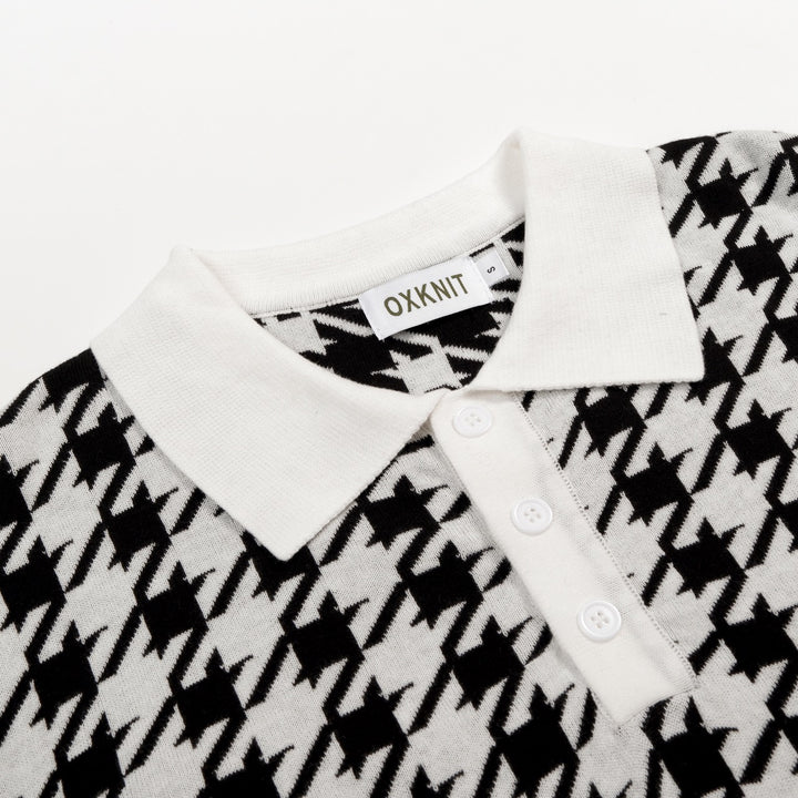 Men's Black Houndstooth Classic Jacquard Polo Knit Shirt