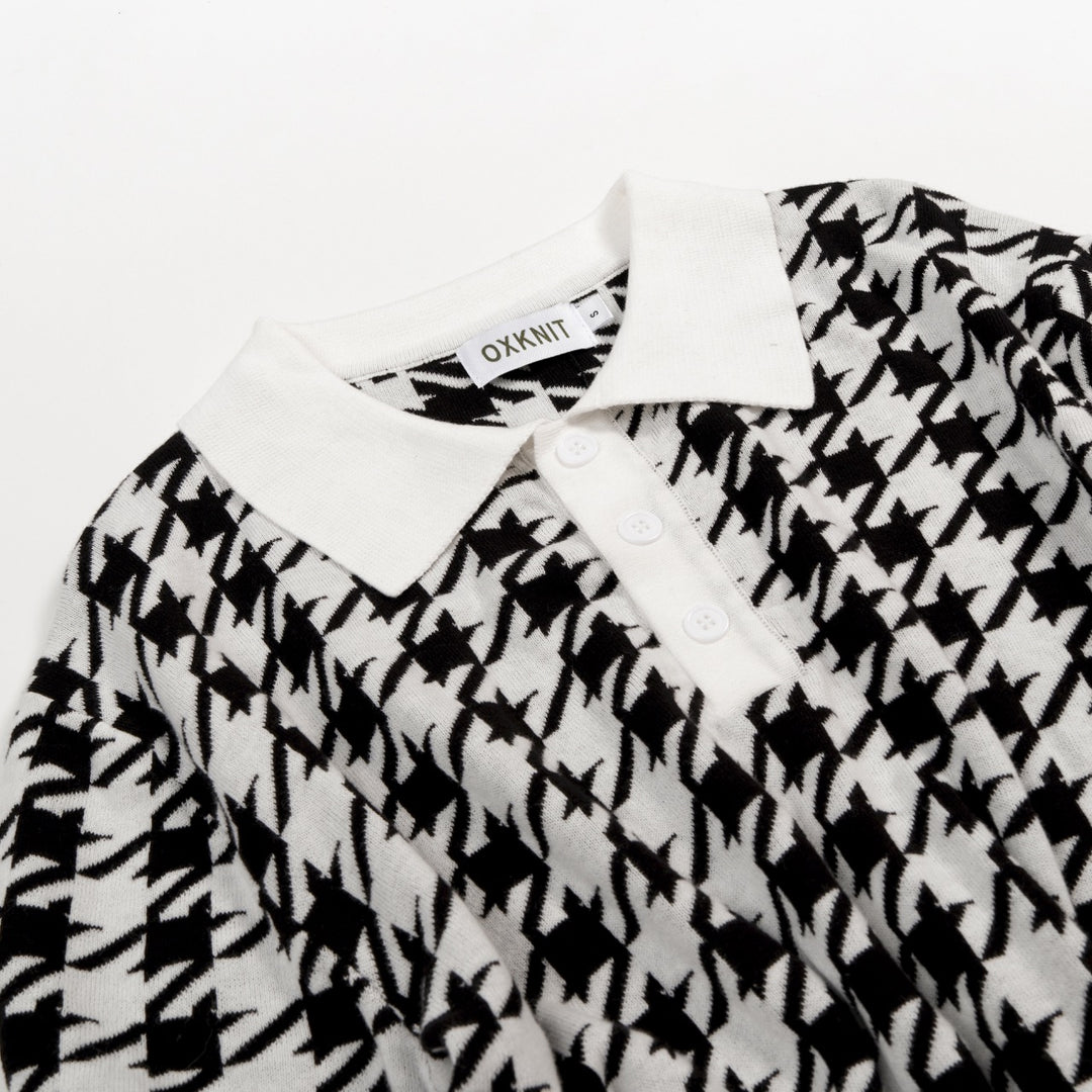 Men's Black Houndstooth Classic Jacquard Polo Knit Shirt