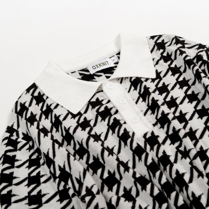 Men's Black Houndstooth Classic Jacquard Polo Knit Shirt