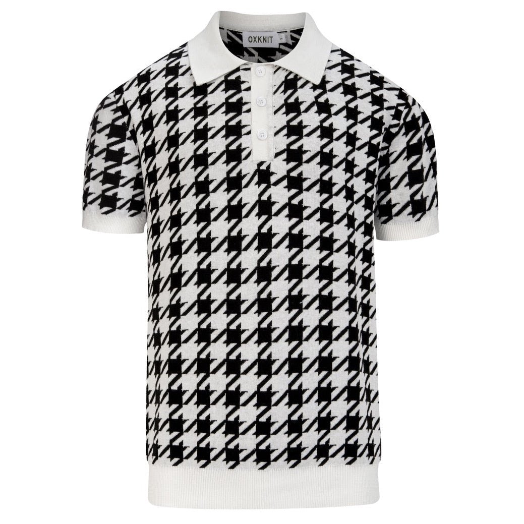 Men's Black Houndstooth Classic Jacquard Polo Knit Shirt