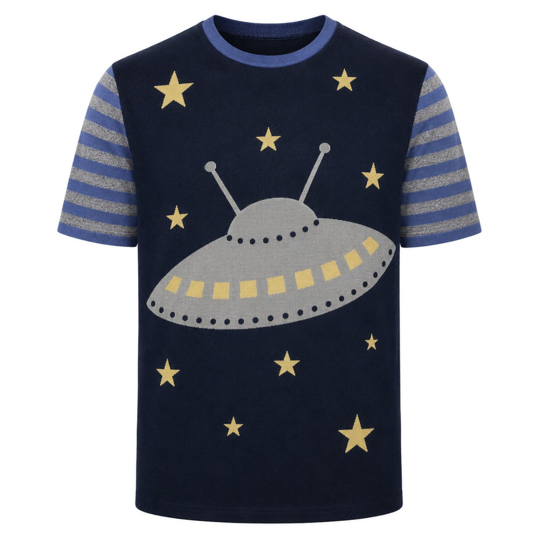 Camiseta de punto jacquard con paisaje azul oscuro para hombre)