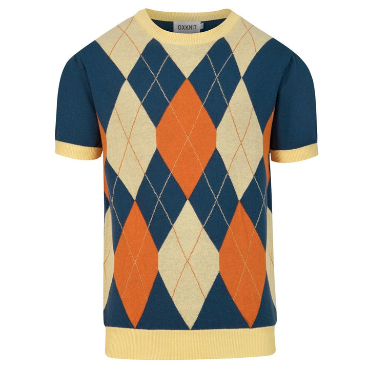 Men's Blue Classic Diamond Pattern Jacquard Knit T-Shirt