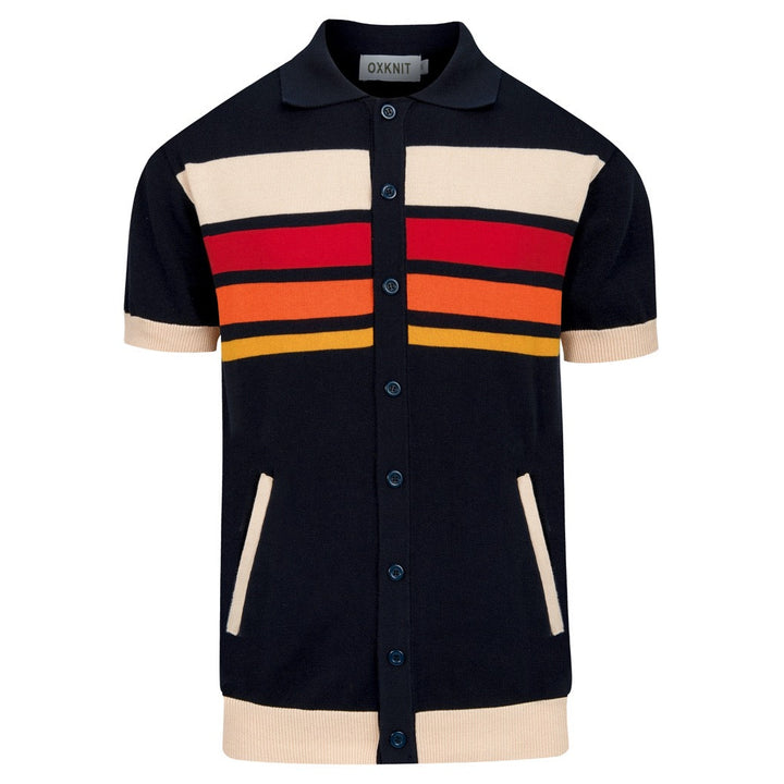 Dunkelblauer Herren-Cardigan mit künstlerischen Streifen im Vintage-Jacquard-Strick