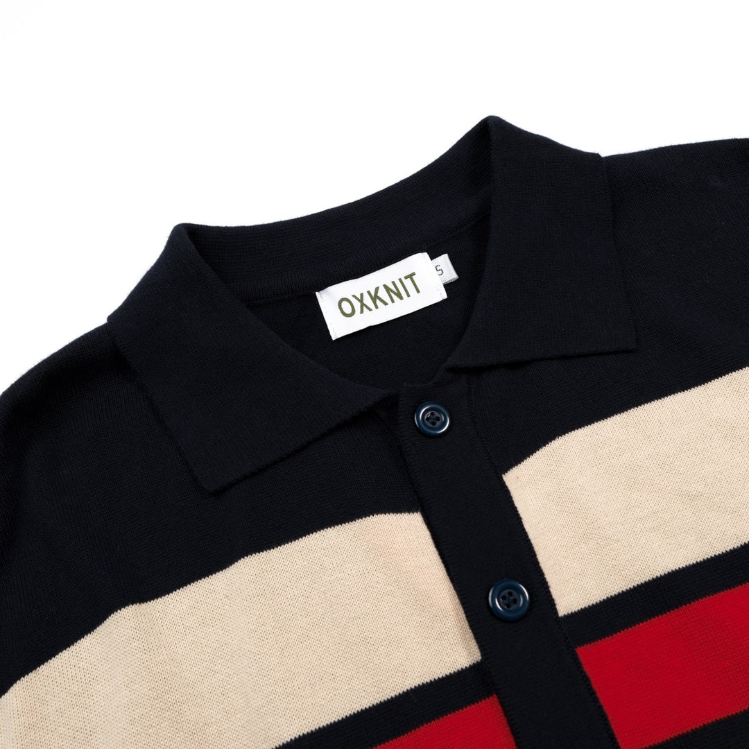 Dunkelblauer Herren-Cardigan mit künstlerischen Streifen im Vintage-Jacquard-Strick