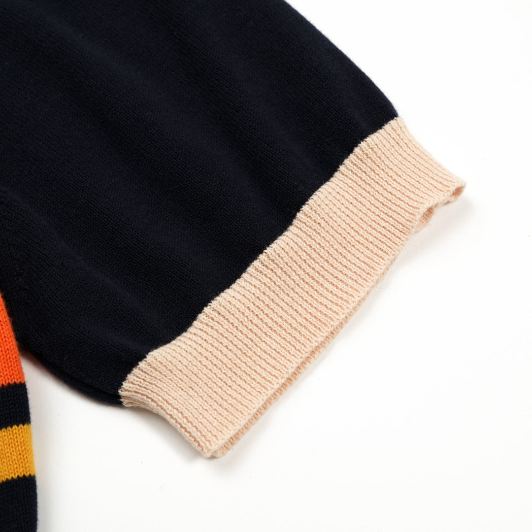 Dunkelblauer Herren-Cardigan mit künstlerischen Streifen im Vintage-Jacquard-Strick