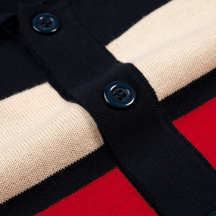 Dunkelblauer Herren-Cardigan mit künstlerischen Streifen im Vintage-Jacquard-Strick