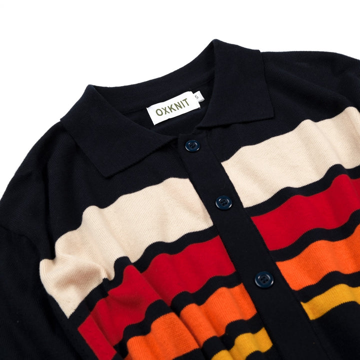 Dunkelblauer Herren-Cardigan mit künstlerischen Streifen im Vintage-Jacquard-Strick
