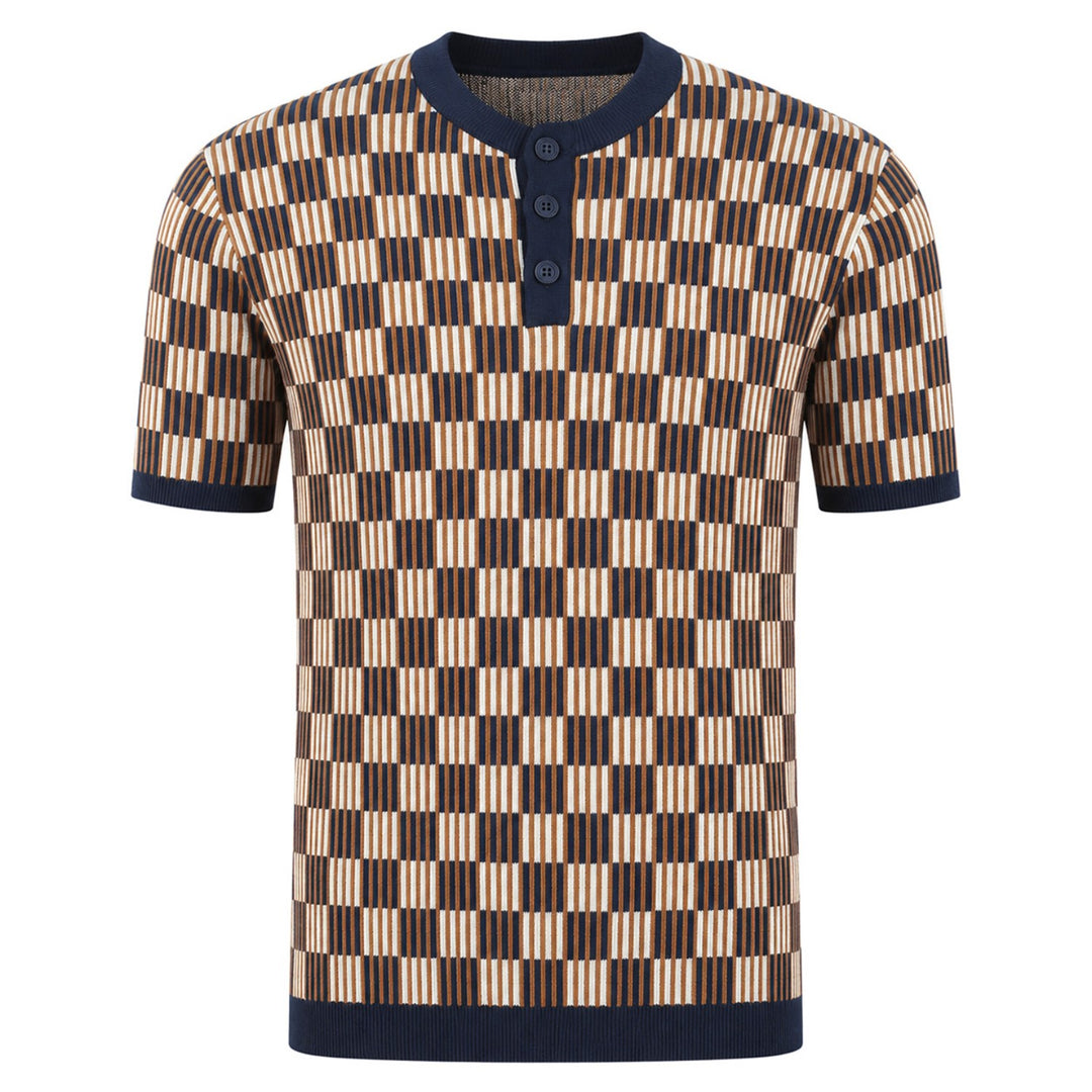 Donkerblauw jacquardgebreid T-shirt voor heren