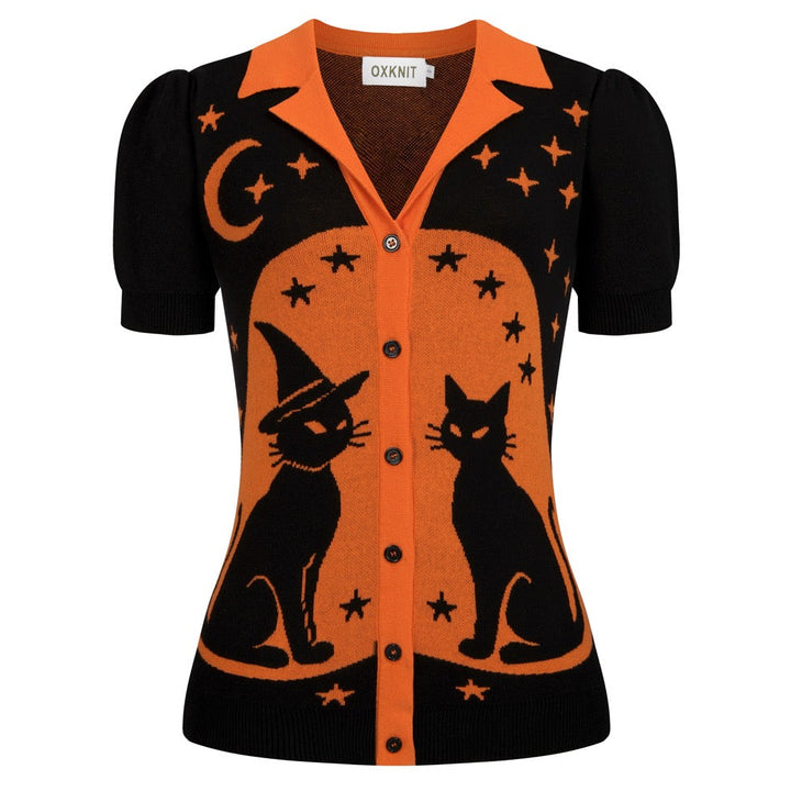Women's Black Vintage Witch Cat Jacquard Knit Cardigan T-shirt