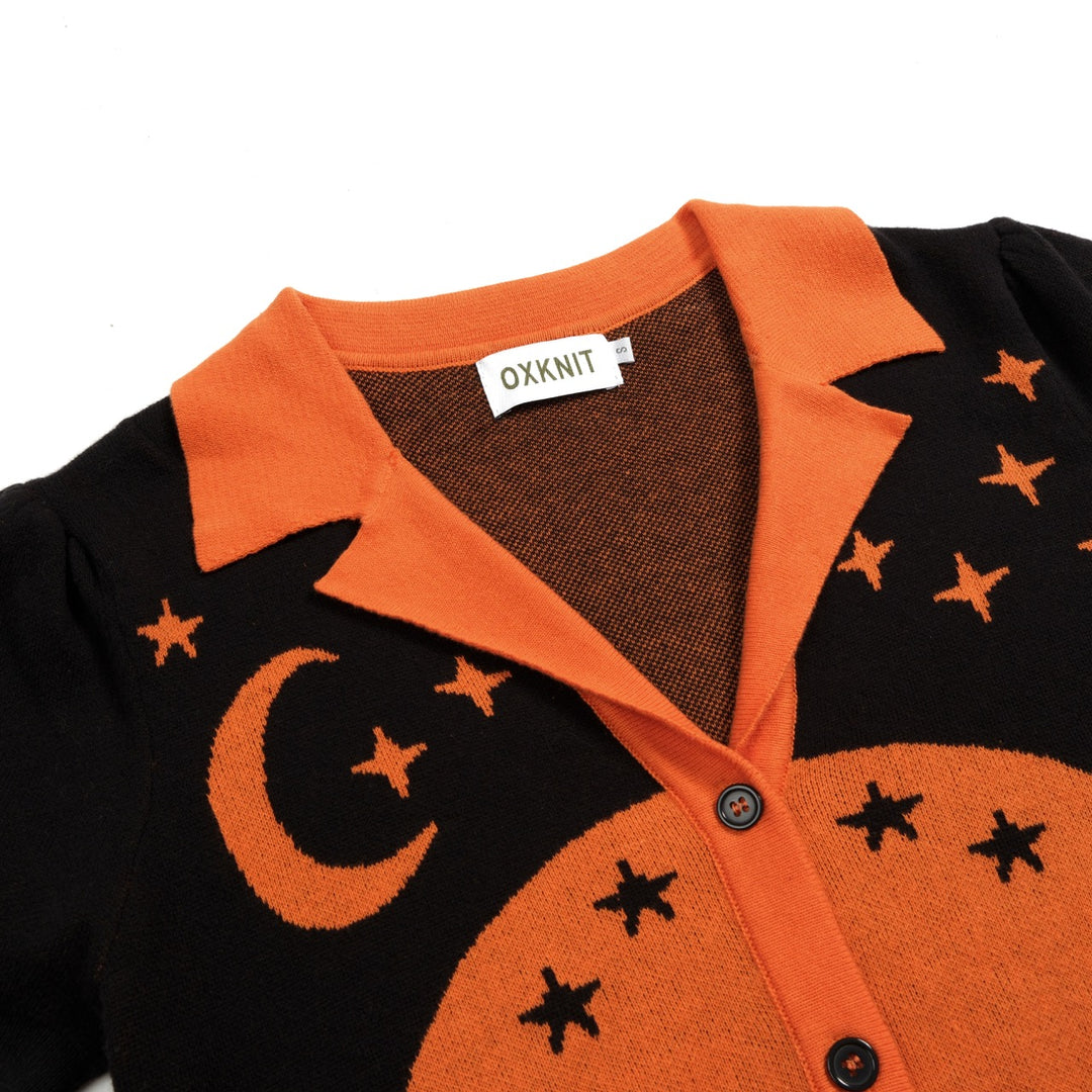 Women's Black Vintage Witch Cat Jacquard Knit Cardigan T-shirt