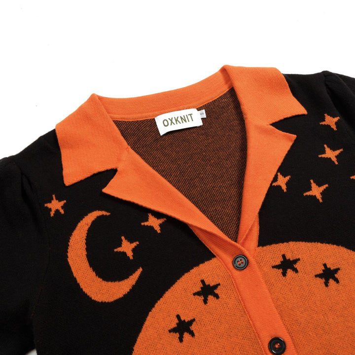 Women's Black Vintage Witch Cat Jacquard Knit Cardigan T-shirt