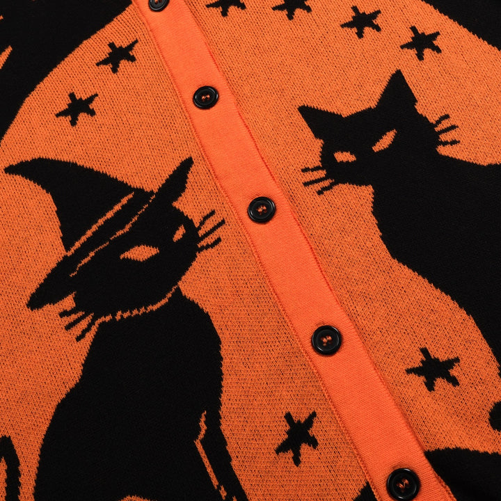 Women's Black Vintage Witch Cat Jacquard Knit Cardigan T-shirt
