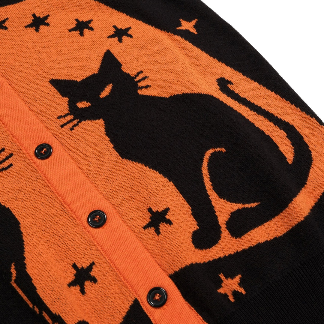 Women's Black Vintage Witch Cat Jacquard Knit Cardigan T-shirt