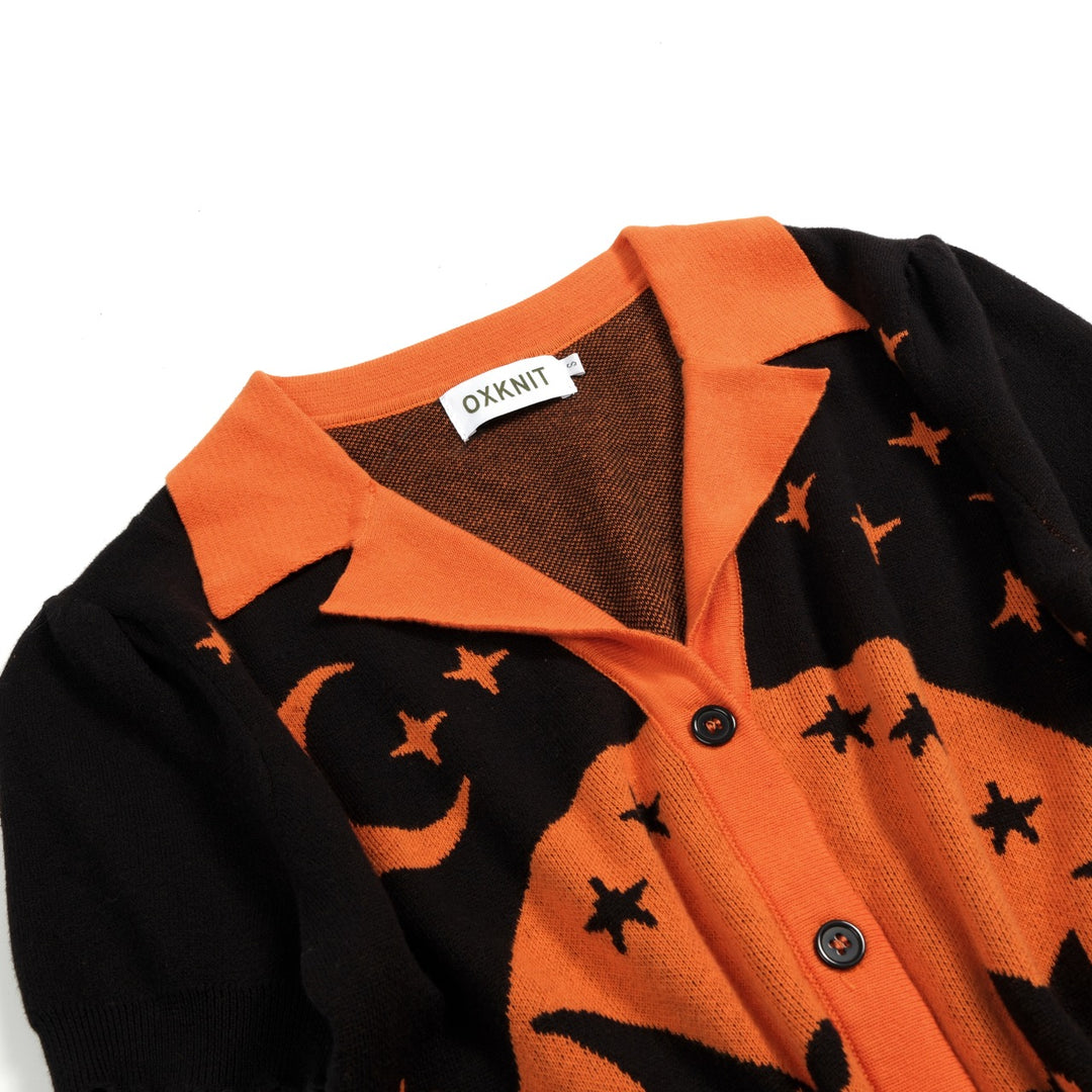 Women's Black Vintage Witch Cat Jacquard Knit Cardigan T-shirt