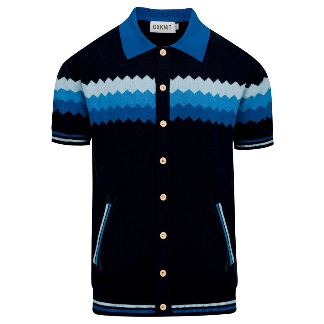 Men's Retro Deep Navy Classic Zigzag Stripe Jacquard Knitted Cardigan