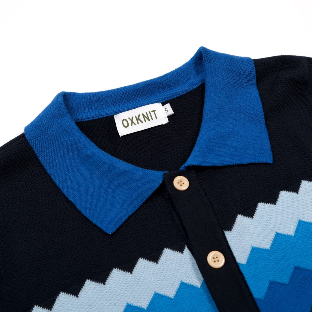 Men's Retro Deep Navy Classic Zigzag Stripe Jacquard Knitted Cardigan