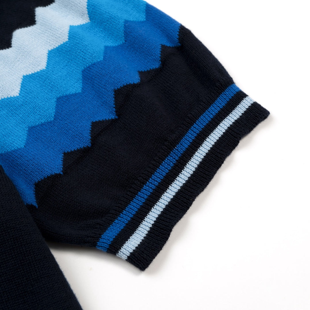 Men's Retro Deep Navy Classic Zigzag Stripe Jacquard Knitted Cardigan