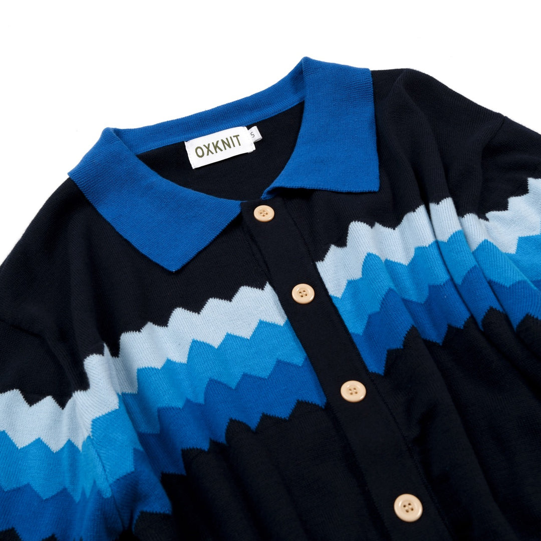 Men's Retro Deep Navy Classic Zigzag Stripe Jacquard Knitted Cardigan