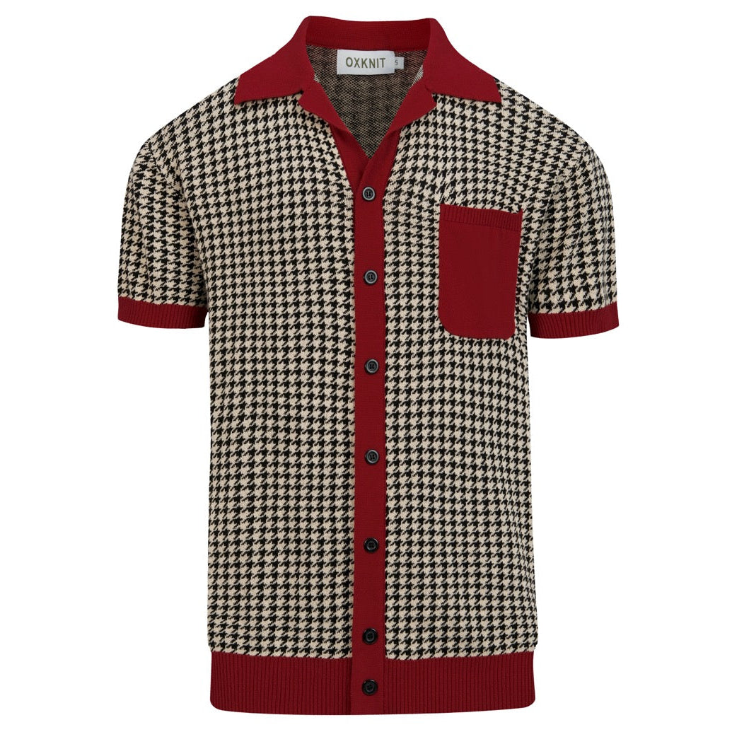 Herr Vintage Bourgogne Houndstooth Jacquardstickad Kofta