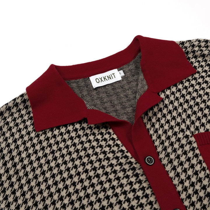 Herr Vintage Bourgogne Houndstooth Jacquardstickad Kofta