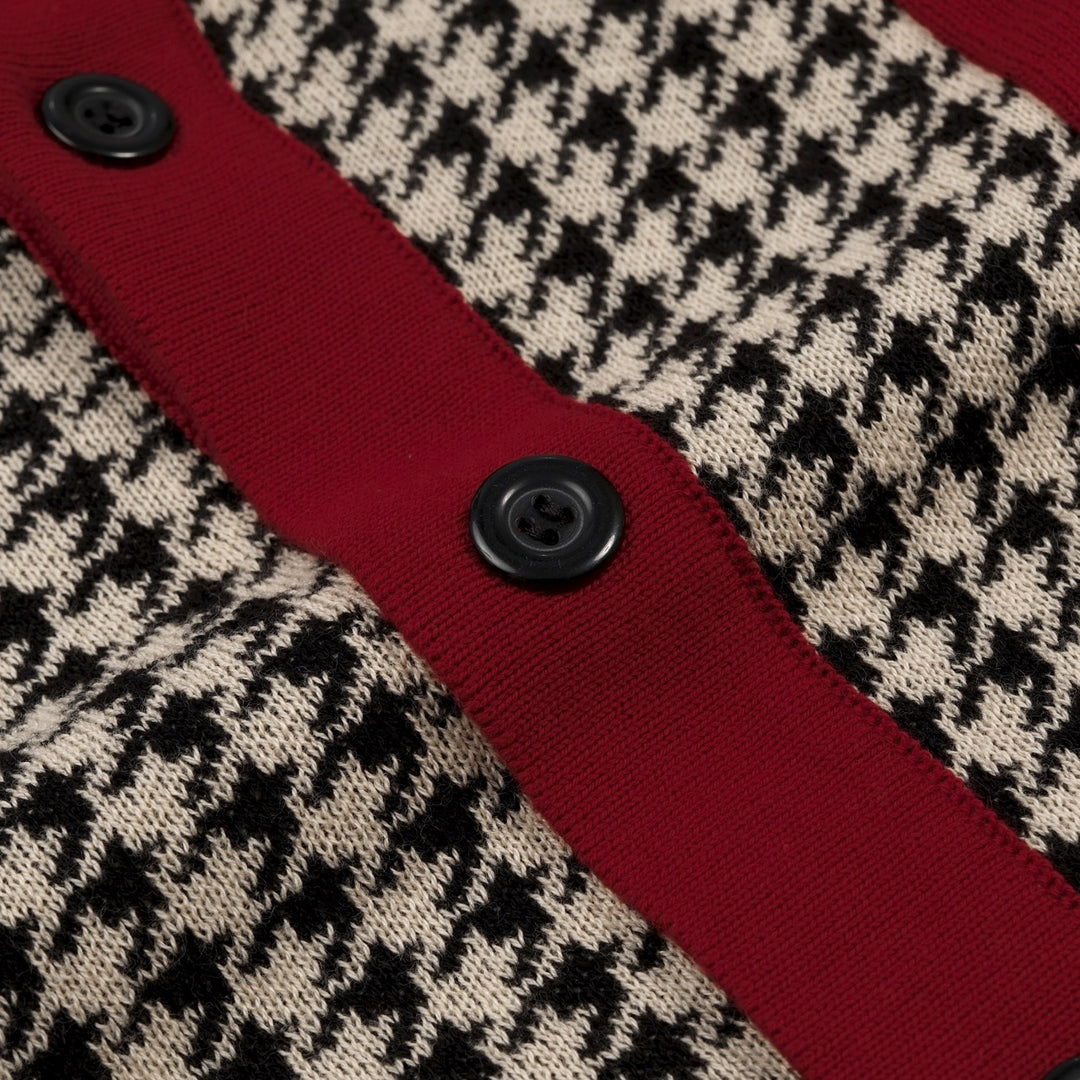 Herr Vintage Bourgogne Houndstooth Jacquardstickad Kofta