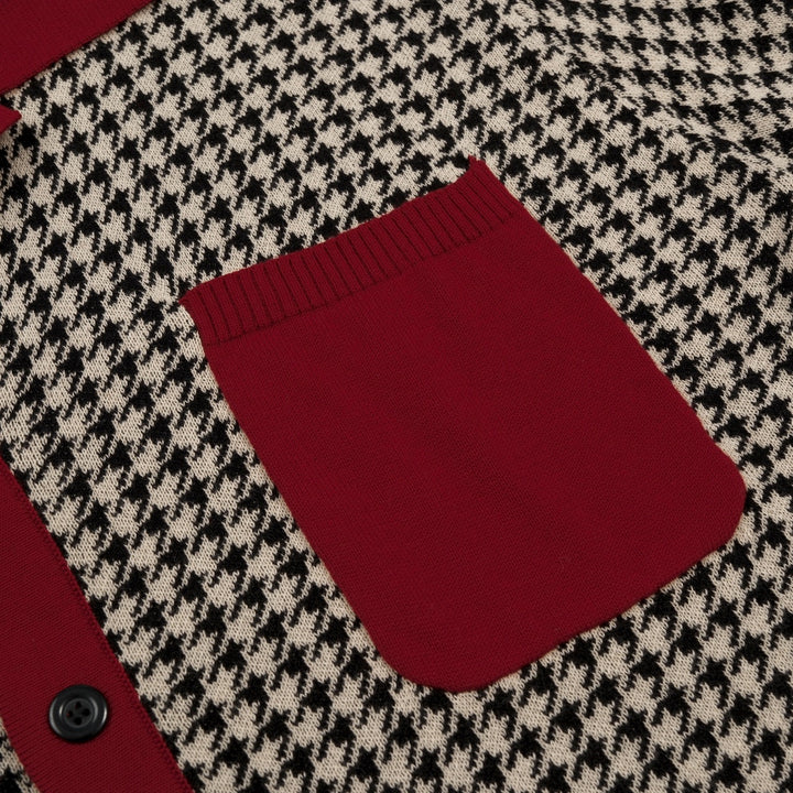 Herr Vintage Bourgogne Houndstooth Jacquardstickad Kofta