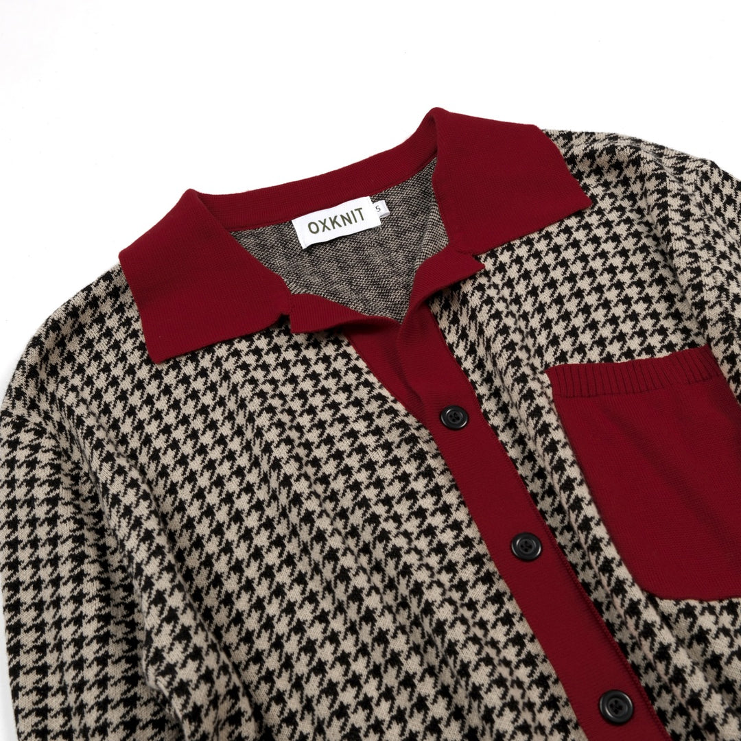 Herr Vintage Bourgogne Houndstooth Jacquardstickad Kofta