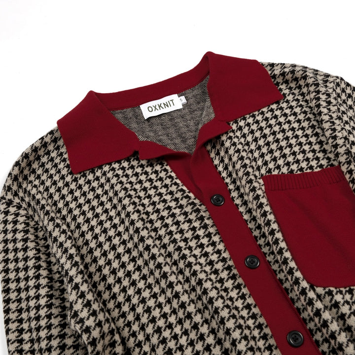 Herr Vintage Bourgogne Houndstooth Jacquardstickad Kofta