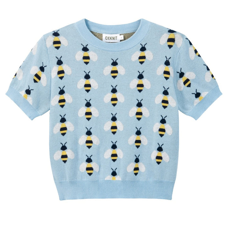 Women's Blue Vintage Bee Jacquard Knit T-Shirt - Cropped Length