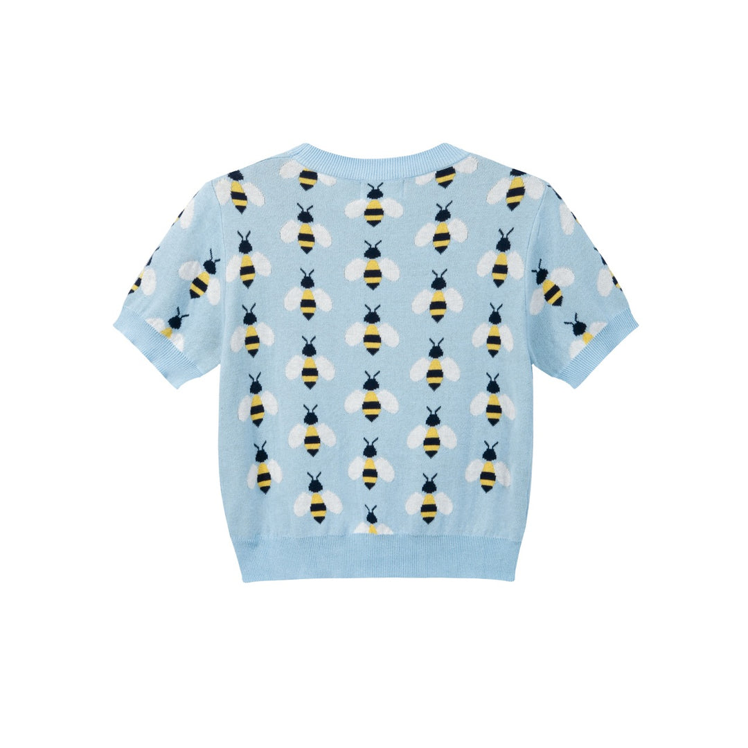 Women's Blue Vintage Bee Jacquard Knit T-Shirt - Cropped Length
