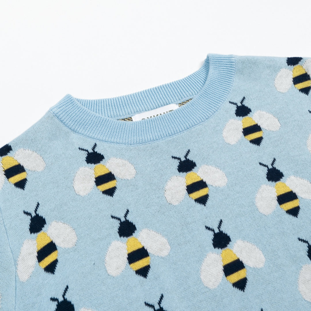 Women's Blue Vintage Bee Jacquard Knit T-Shirt - Cropped Length