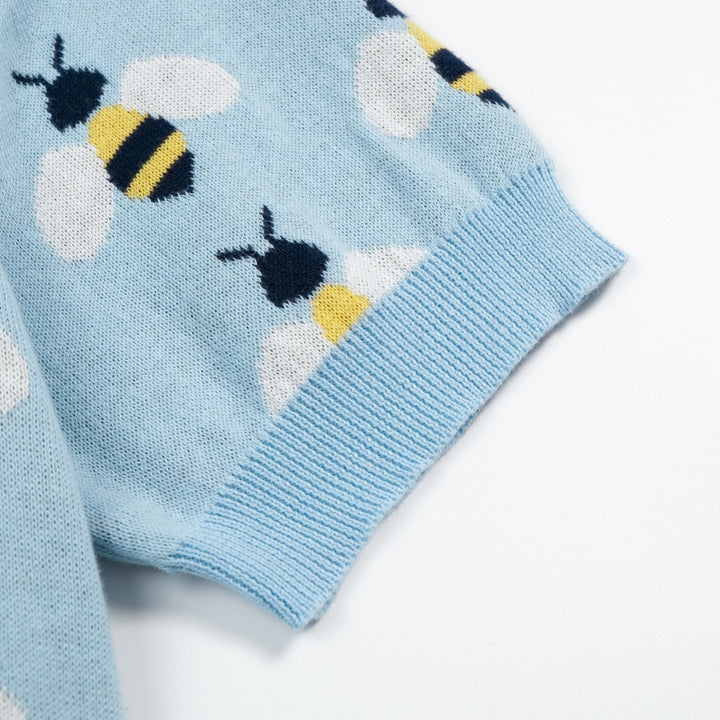 Women's Blue Vintage Bee Jacquard Knit T-Shirt - Cropped Length
